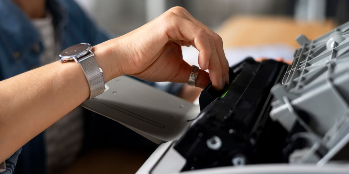 Managed print services - hand reaching for toner cartridge in printer